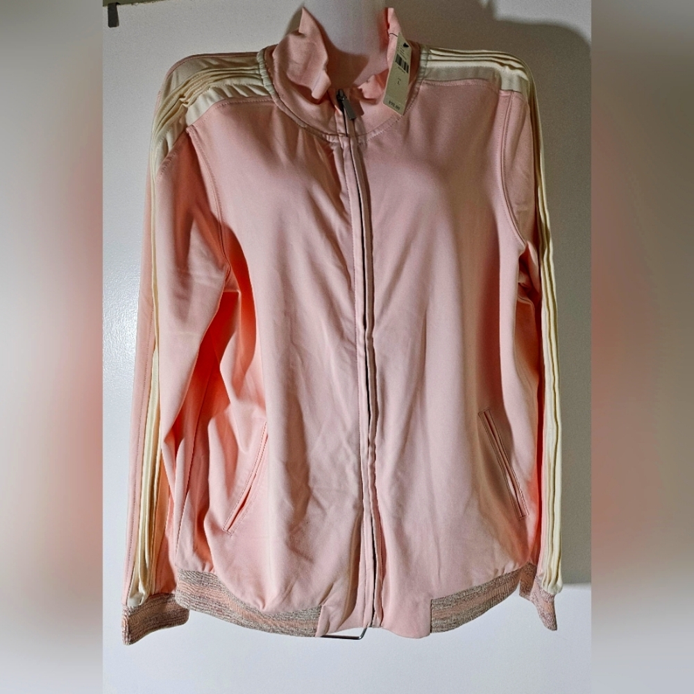NWT Maeve Anthro Pink and Beige stripes full zipper casual Sweater sz L